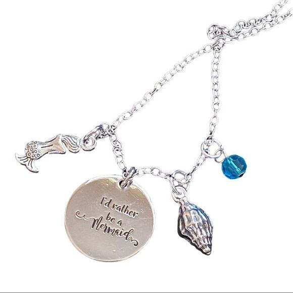 I’d Rather Be A Mermaid Shell Bead Silver Tone Charm Necklace NWT - Picture 4 of 9